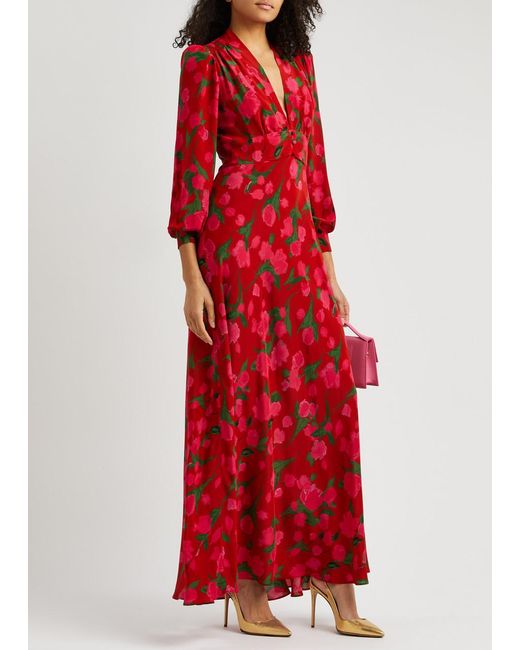 Rixo Red Emory Floral-print Silk Maxi Dress