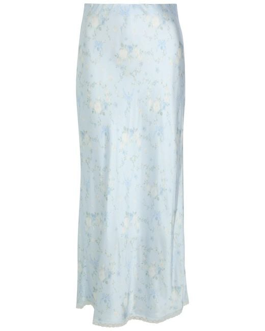 LoveShackFancy Blue Kalo Floral-Print Silk Midi Slip Skirt