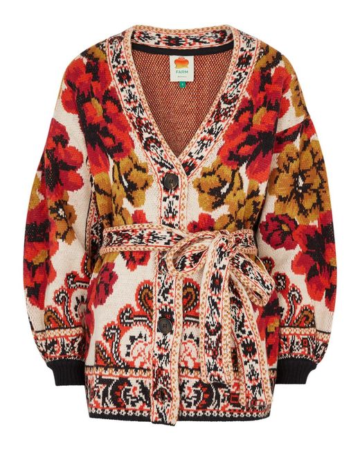 Farm Rio Red Winter Tapestry Intarsia Knitted Cardigan