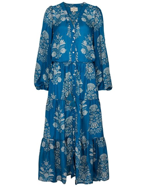 Hannah Artwear Blue Larisa Floral-print Silk Midi Dress