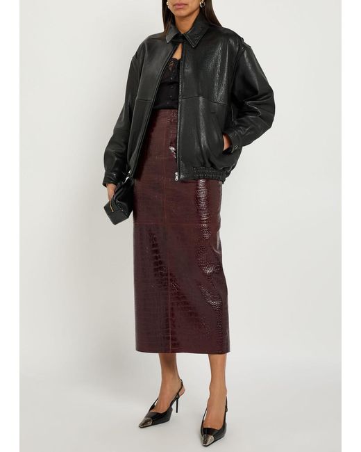 Nour Hammour Purple Elyse Crocodile-Effect Leather Midi Skirt