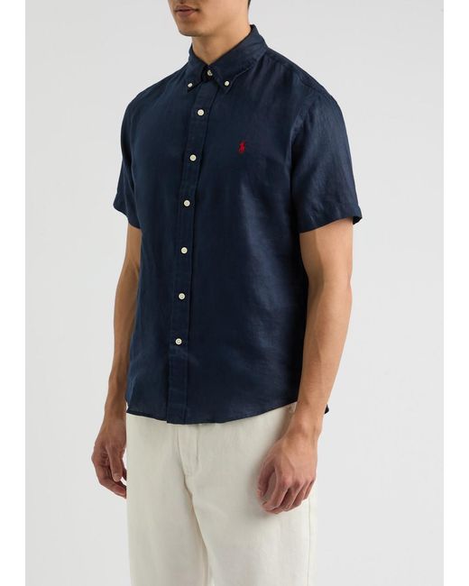 Polo Ralph Lauren Blue Logo-Embroidered Linen Shirt for men
