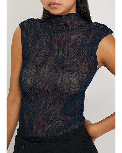Issey Miyake Blue Twist Pleated Semi-Sheer Chiffon Top