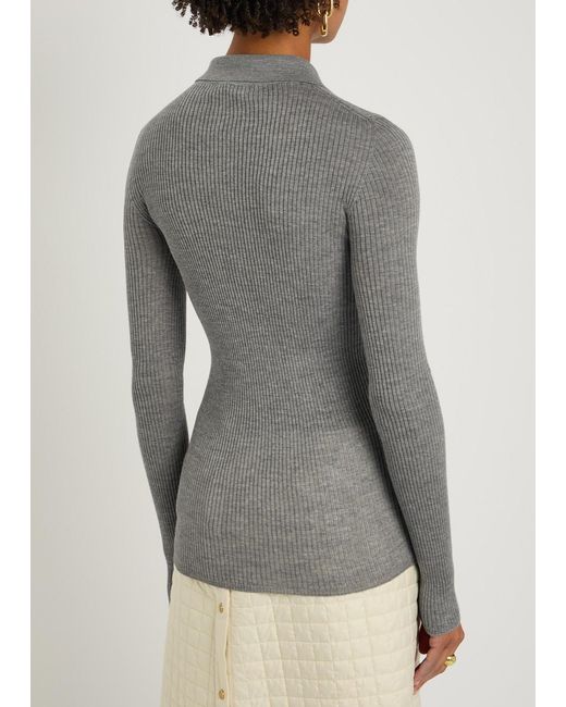 Moncler Gray Ribbed Wool Polo Top