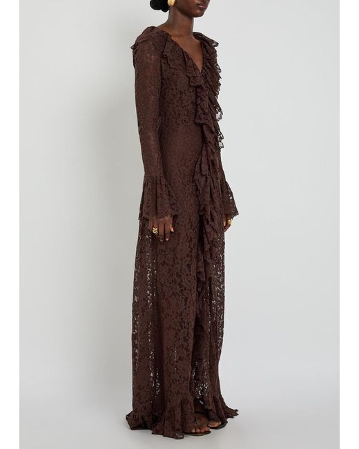 De La Vali Brown Clementina Ruffled Guipure Lace Maxi Dress