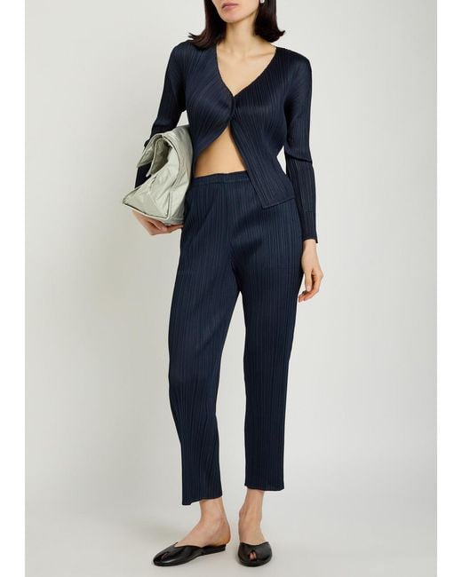 Pleats Please Issey Miyake Blue Pleated Tapered-Leg Woven Trousers
