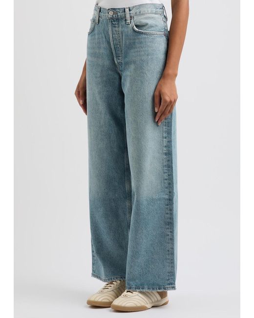 Agolde Blue Low Slung Baggy Distressed Wide-Leg Jeans