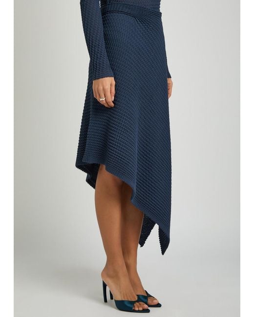 Victoria Beckham Blue Draped Seersucker Fine-Knit Midi Skirt