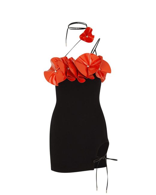 David Koma Red Floral-appliqué Wool Mini Dress