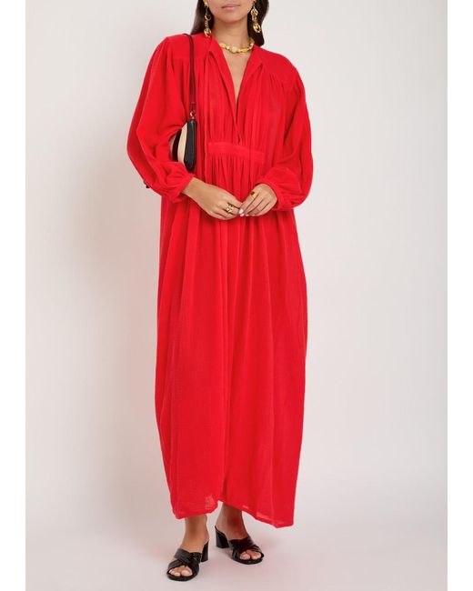 Les Vacances d'Irina Red Hazy Nipple Pleated Cotton Midi Dress