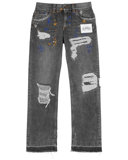 Dolce & Gabbana Gray Paint-splattered Distressed Straight-leg Jeans for men
