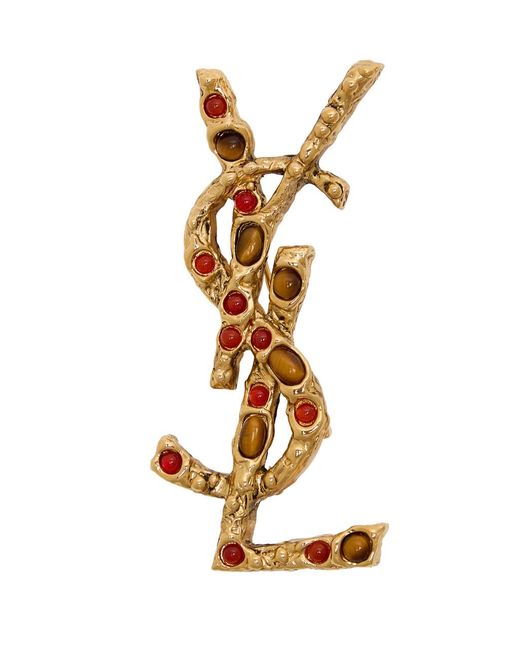 Saint Laurent Metallic Cassandre Stone-Embellished Brooch