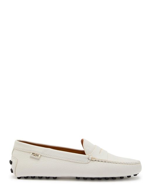 Tod's White Gommino Grained Leather Loafers