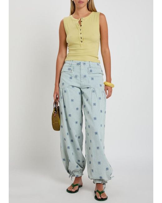 Free People Blue Lotus Striped Embroidered Balloon-Leg Jeans