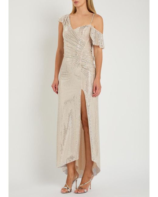 Self-Portrait White Crystal-Embellished Asymmetric Stretch-Tulle Maxi Dress