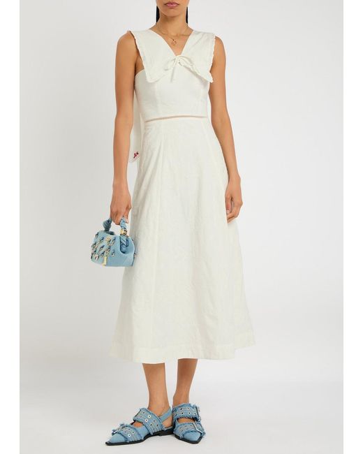 Damson Madder White Fan Fan Embroidered Cotton Midi Dress