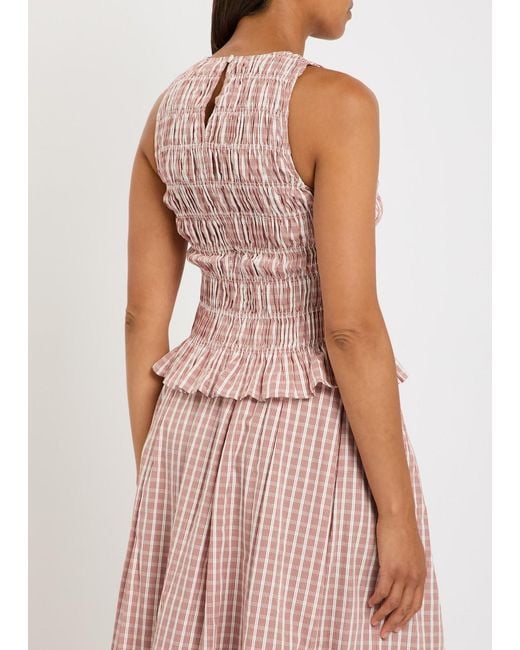 Faithfull The Brand Pink Cales Checked Shirred Cotton-Poplin Top