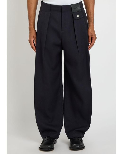 Loewe Blue Logo-Appliquéd Barrel-Leg Wool Trousers for men