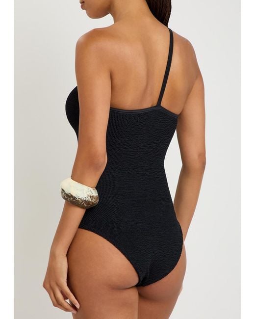 Hunza G Black Clara One-Shoulder Crinkle Swimsuit