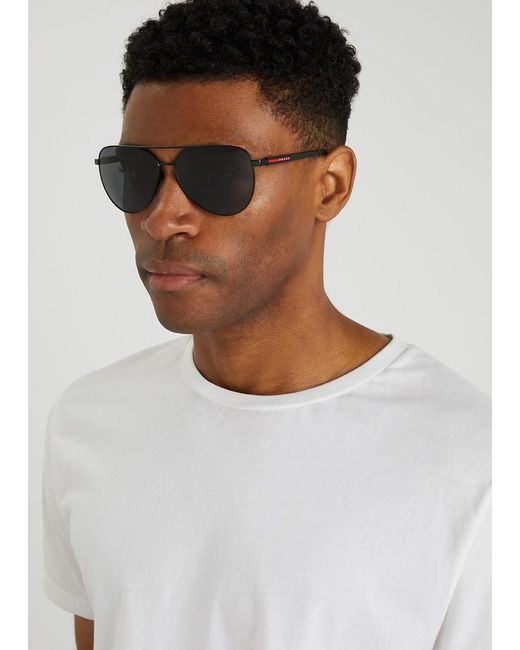 Prada Linea Rossa Gray Aviator-Style Sunglasses, Metal, Designer-Engraved Polarised Lenses for men