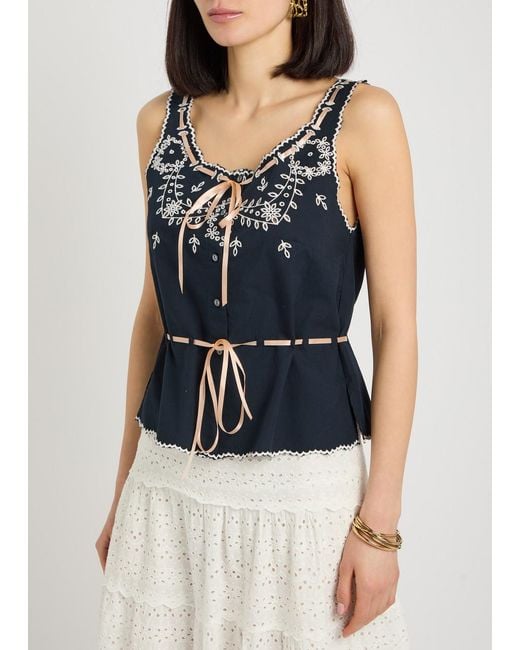 Rixo Blue Cassara Embroidered Cotton Top