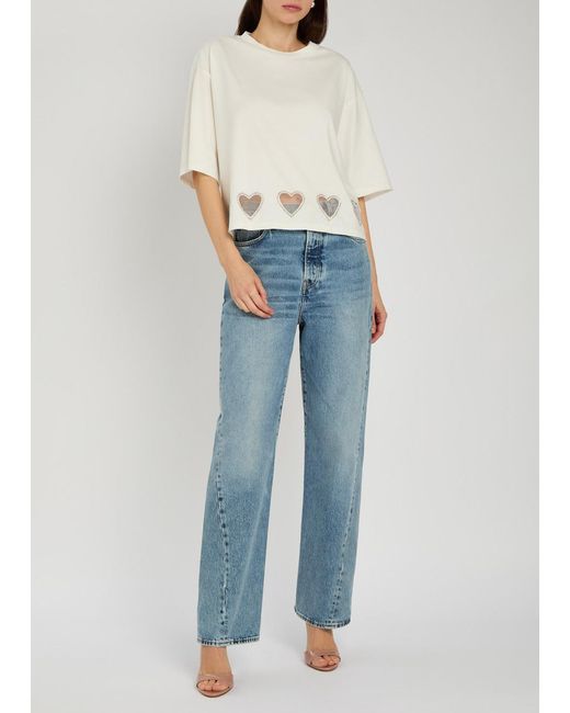 Alice + Olivia White Evan Heart Embellished Cropped Cotton T-Shirt