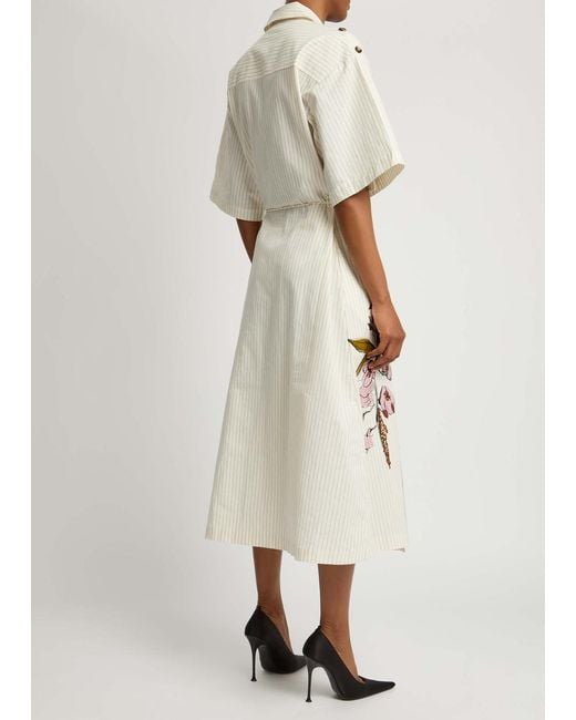 Stine Goya White Striped Printed Cotton Midi Shirt Dress