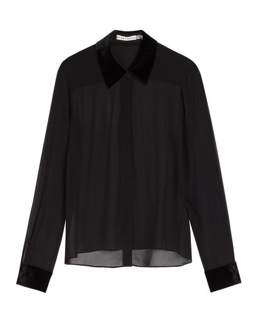 Alice + Olivia Black Willa Velvet-Trim Semi-Sheer Chiffon Shirt