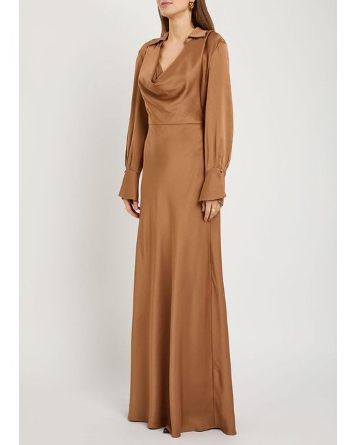 Jonathan Simkhai Brown Adelle Draped Satin Maxi Shirt Dress