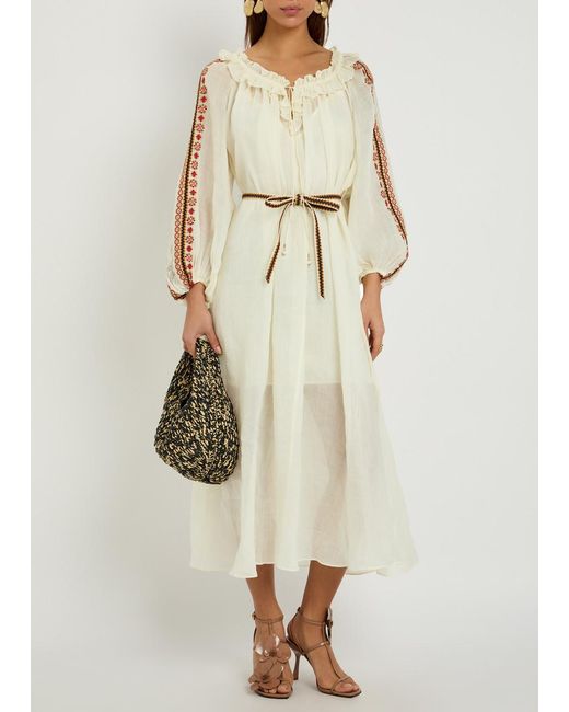 Zimmermann Natural Aster Embroidered Belted Ramie Maxi Dress