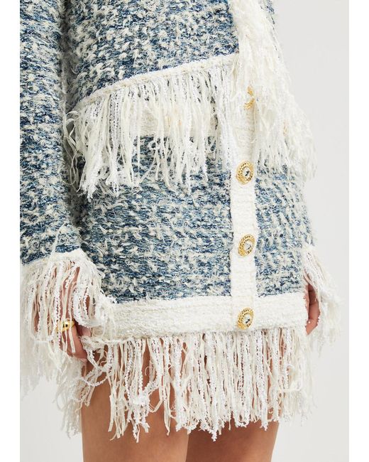 Balmain Blue Embellished Fringed Tweed Mini Skirt