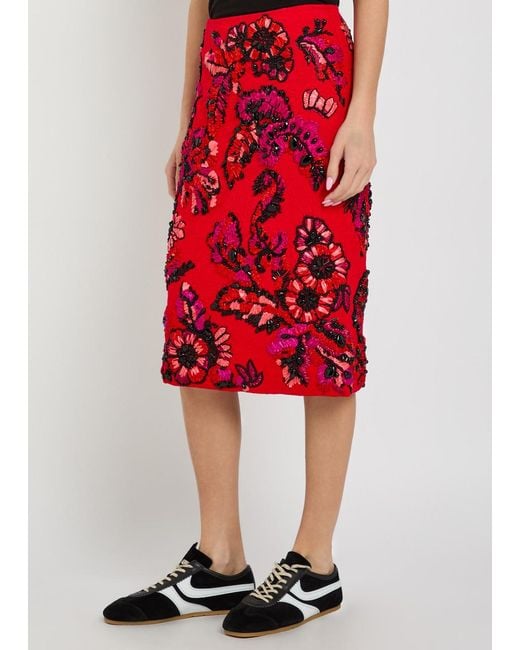 Dries Van Noten Red Summer Floral-Embellished Woven Midi Skirt