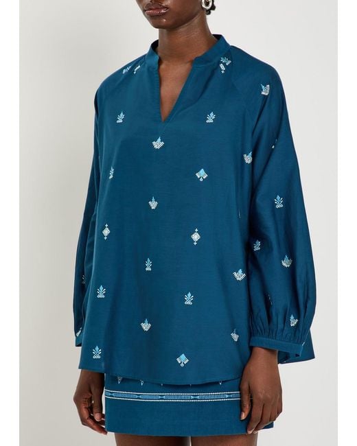 Emporio Sirenuse Blue Ilizia Embroidered Cotton And Silk-Blend Shirt