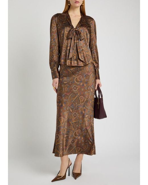 Veronica Beard Brown Clover Paisley-Print Silk-Blend Midi Skirt
