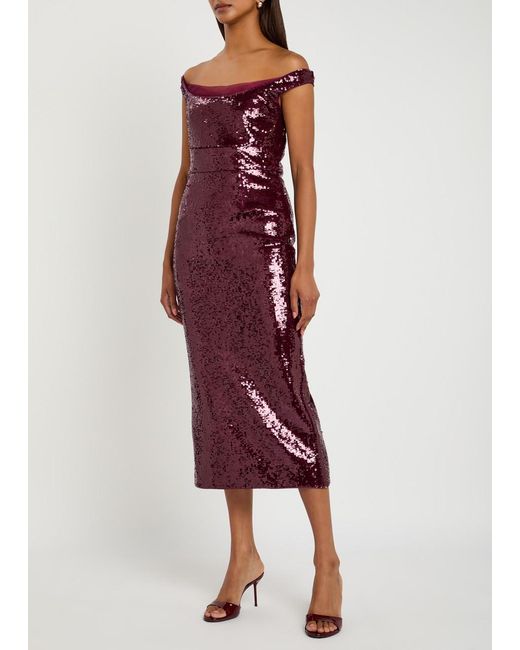 Roland Mouret Purple Sequin-Embellished Mesh Midi Dress