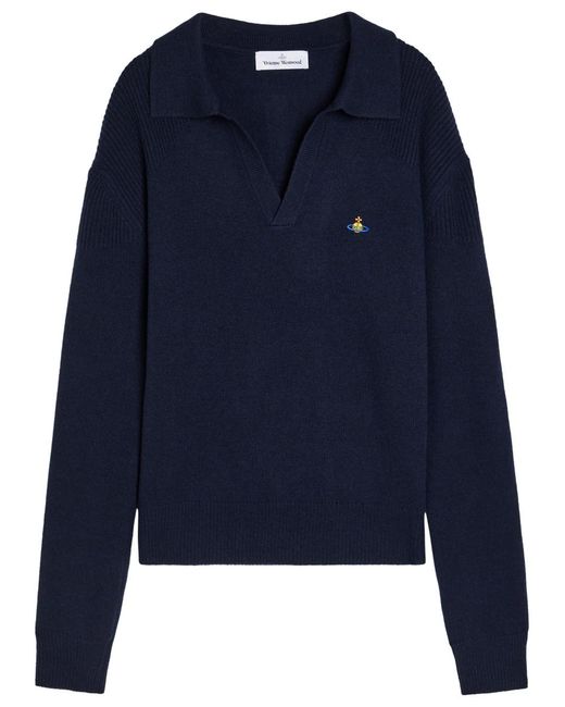 Vivienne Westwood Blue Logo-Embroidered Wool And Cashmere-Blend Polo Jumper for men