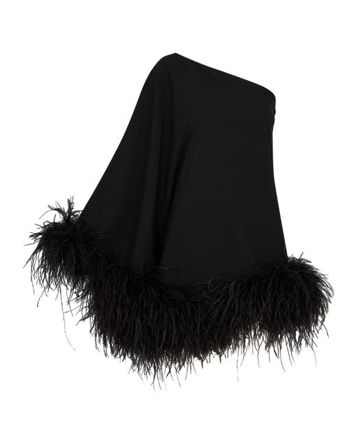 ‎Taller Marmo Black Piccolo Ubud One-shoulder Feather-trimmed Mini Dress