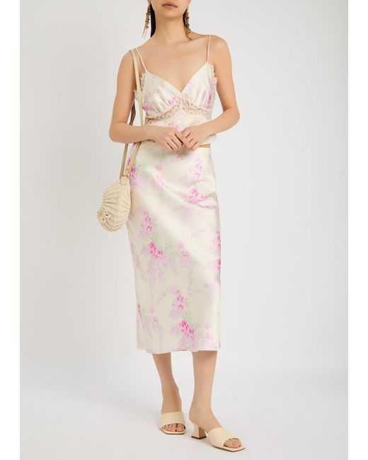 LoveShackFancy Pink Castle Floral-Print Satin Midi Skirt