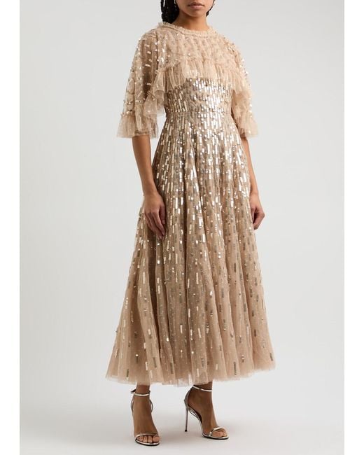 Needle & Thread Natural Dash Sequin-Embellished Tulle Gown