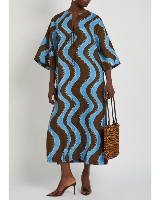 ALÉMAIS Blue Frankie Wavy-Print Linen Midi Dress