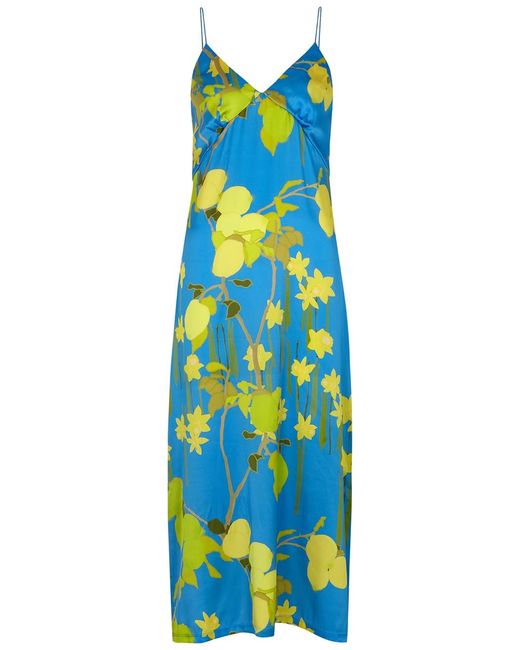 BERNADETTE Blue Jeanine Floral-Print Stretch-Silk Slip Dress
