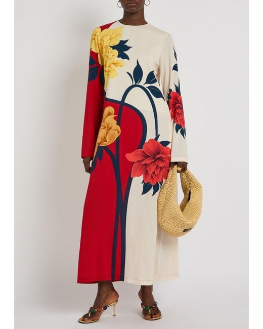 LaDoubleJ Red Floral-Print Stretch-Crepe Midi Dress