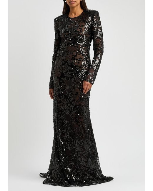 Victoria Beckham Black Sequin-Embellished Open-Back Tulle Gown