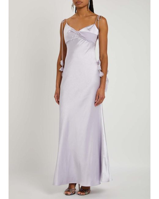 Self-Portrait White Floral-Embellished Satin Maxi Slip Dress