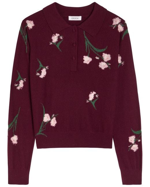 Erdem Purple Floral-Intarsia Merino Wool Polo Jumper