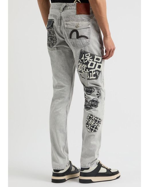 Evisu Gray Logo-Embroidered Slim-Leg Jeans for men