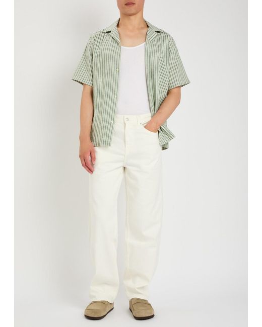 Les Deux Green Striped Cotton And Linen-Blend Shirt for men