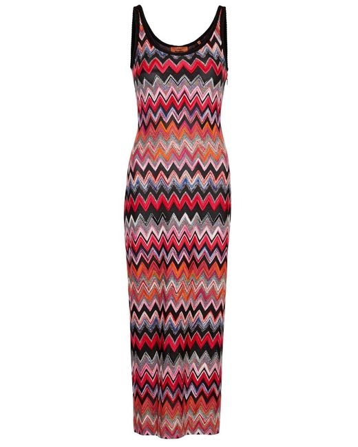 Missoni Red Zigzag-Intarsia Metallic-Knit Midi Dress
