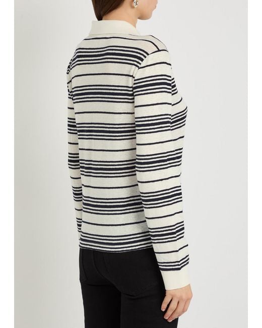 FRAME Gray Striped Linen-Blend Polo Top