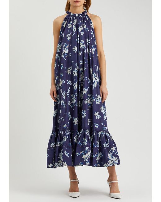 Merlette Blue Celestia Floral-Print Cotton Midi Dress